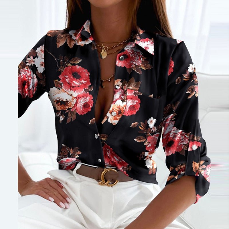 Women's Geometric Print Collared Long Sleeve Blouse