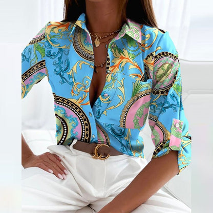 Women's Geometric Print Collared Long Sleeve Blouse