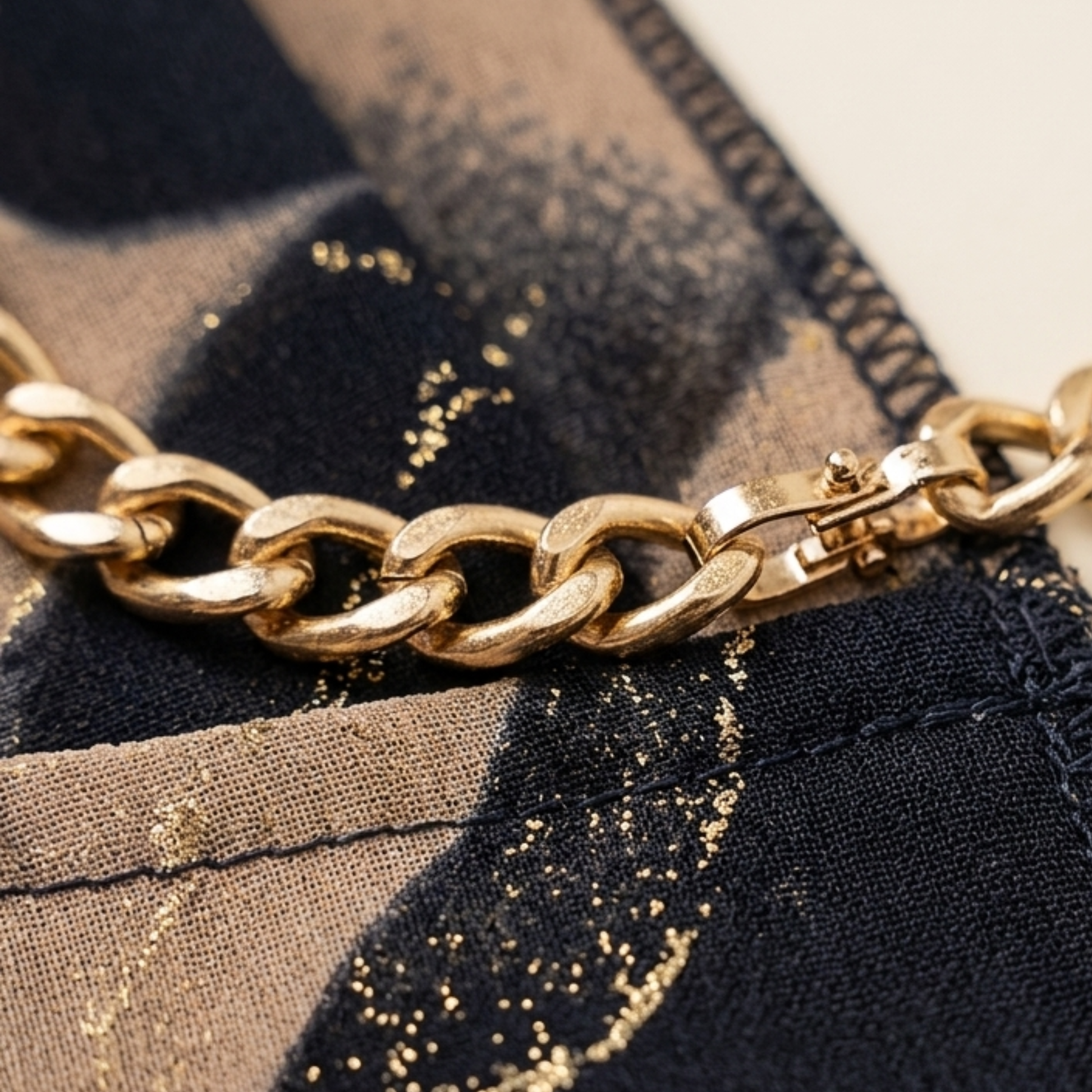 Close-up of abstract print maxi dress fabric showing black and beige pattern with gold chain belt