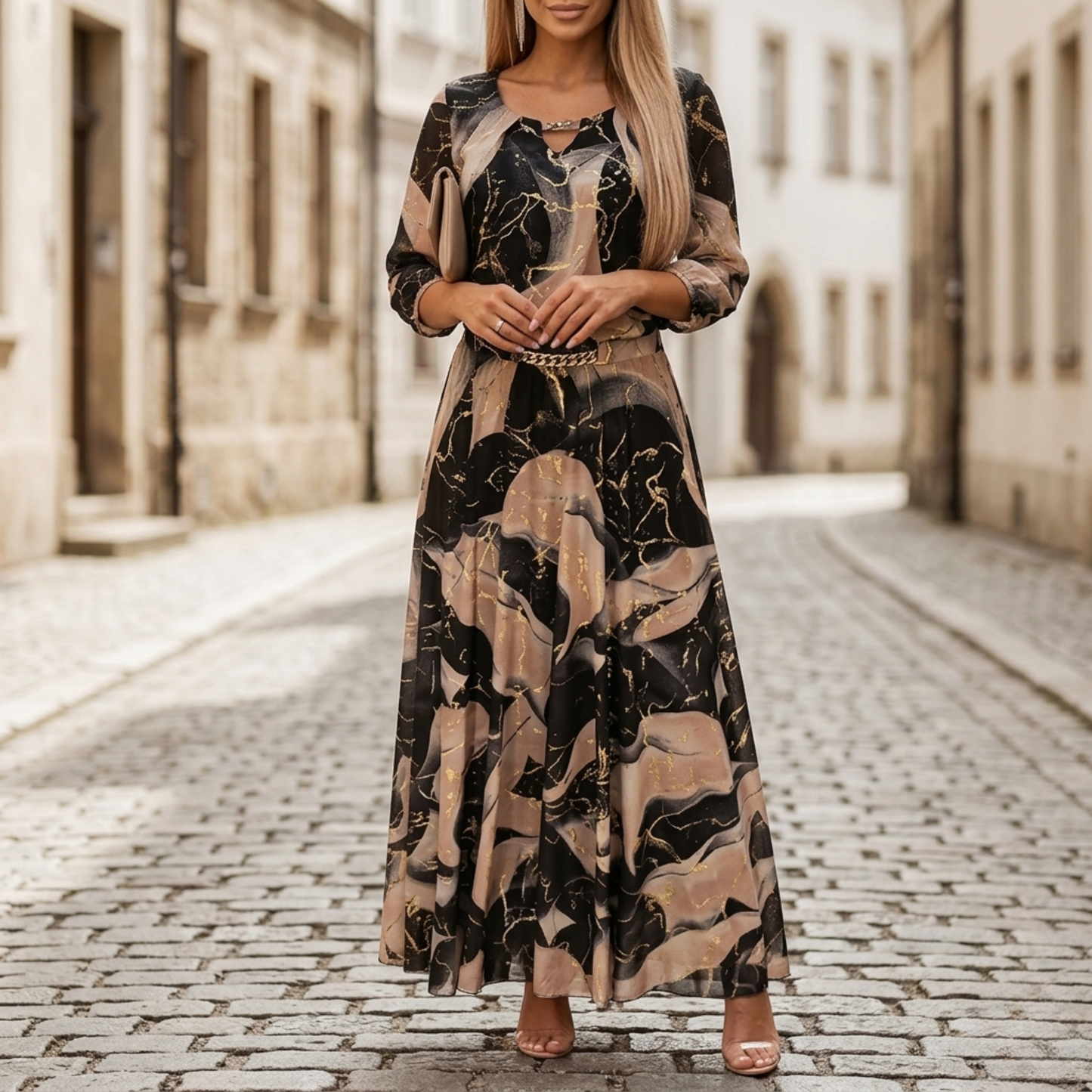 Women's abstract print V neck maxi dress in black and beige, front view with long sleeves and belted waist