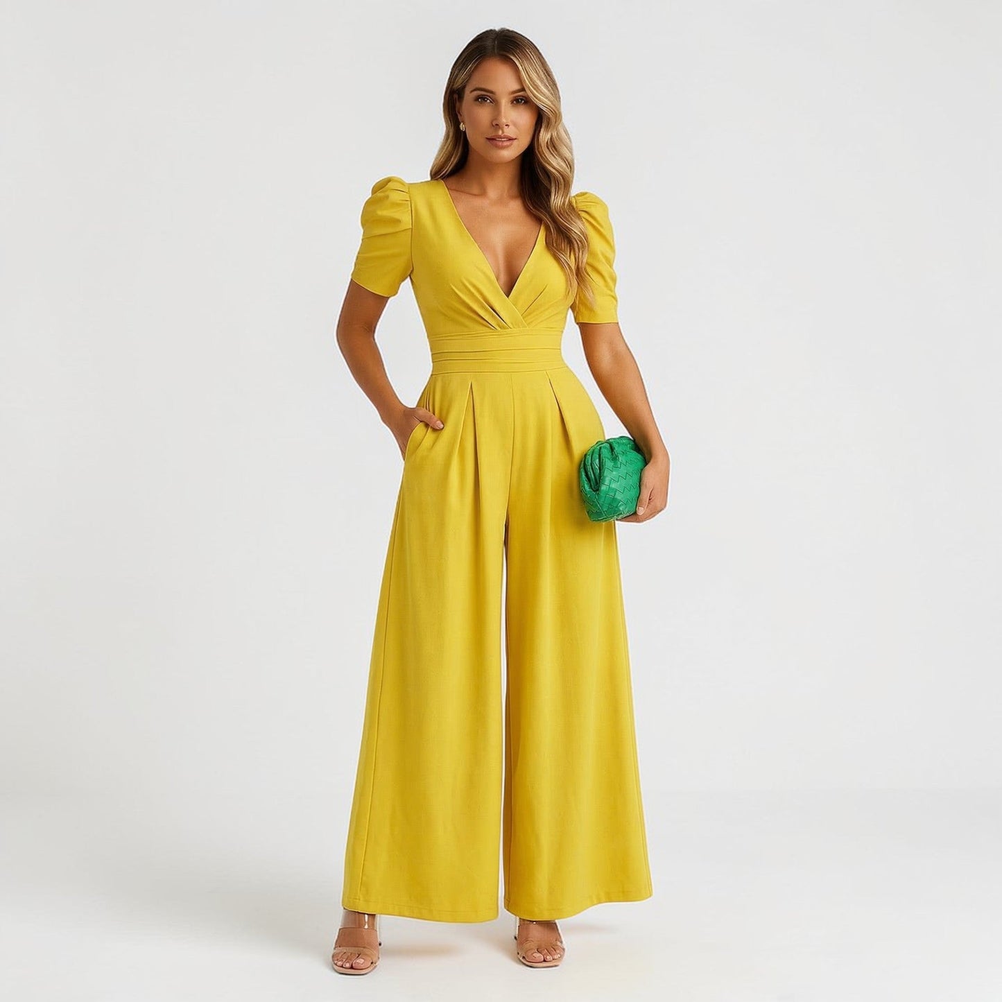 Yellow wide leg jumpsuit with puff sleeves, deep V-neck, and pleated waist