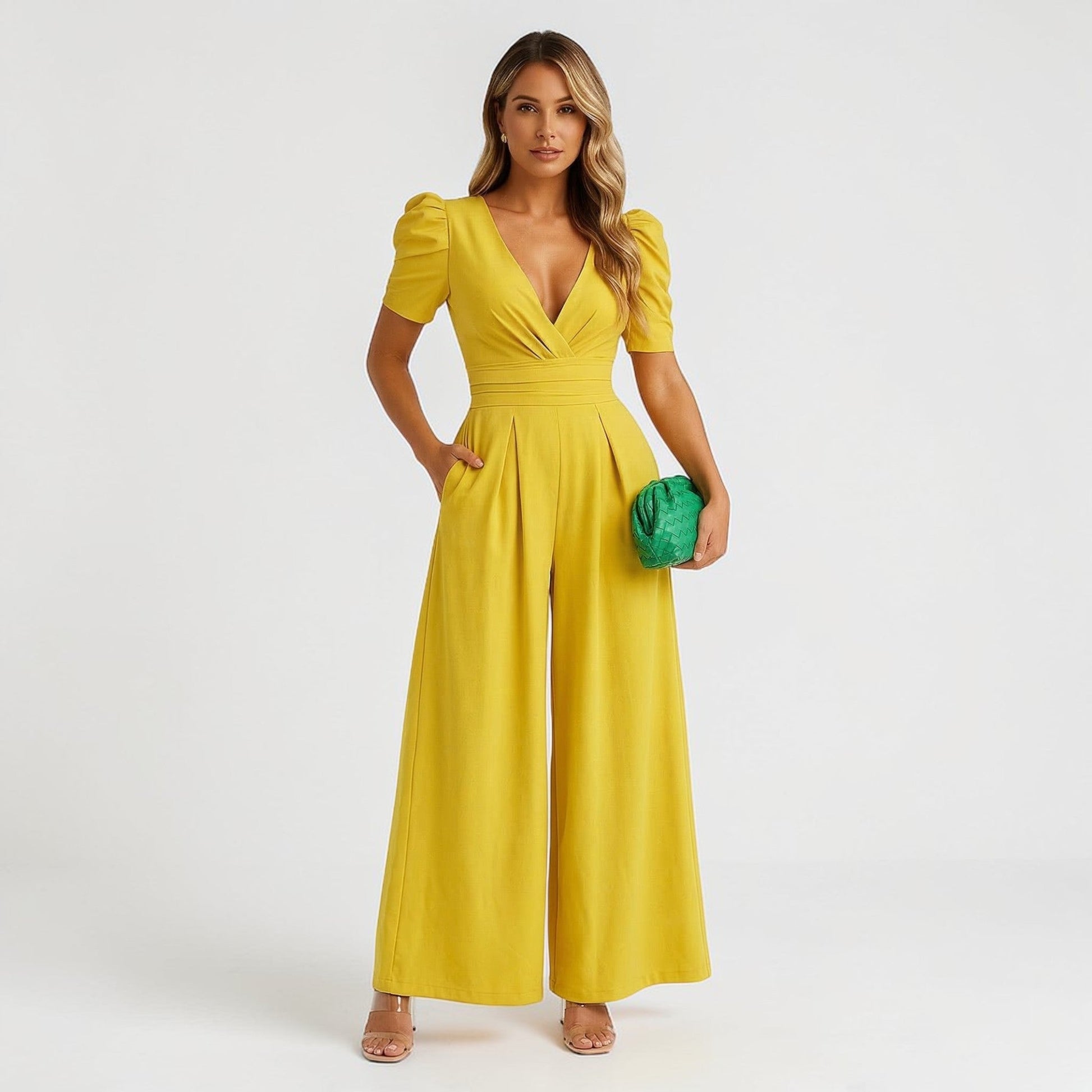 Yellow wide leg jumpsuit with puff sleeves, deep V-neck, and pleated waist
