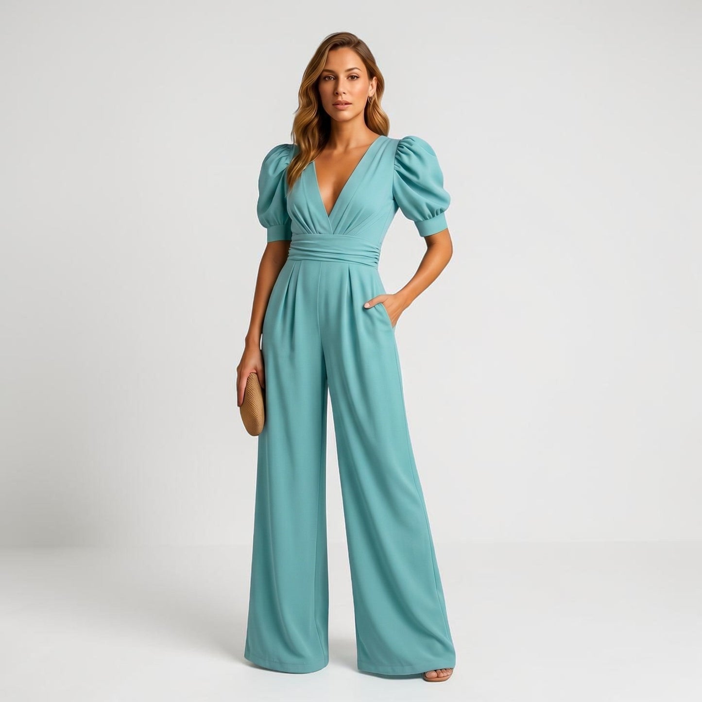 Teal wide leg jumpsuit with puff sleeves, deep V-neck, and gathered waist