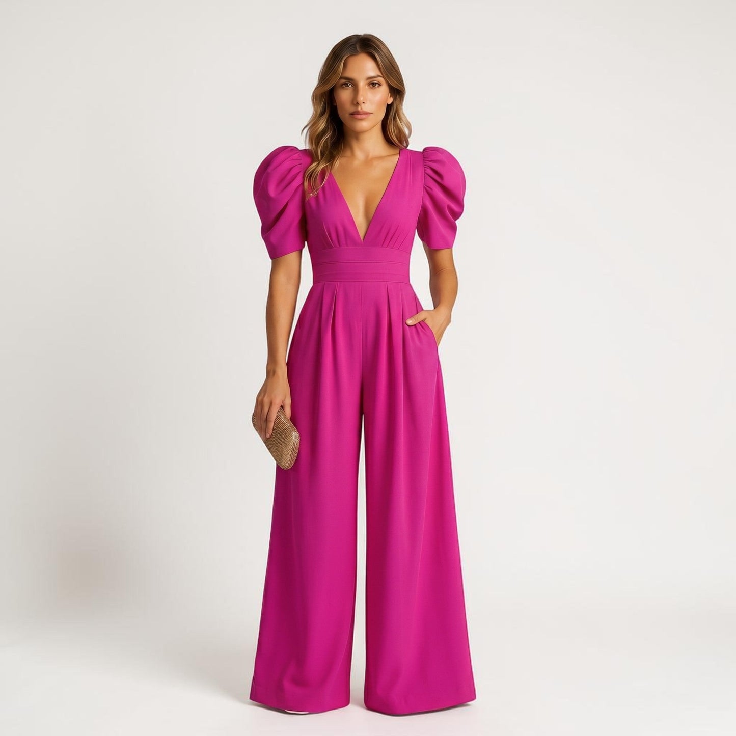 Magenta wide leg jumpsuit with puff sleeves, deep V-neck, and flowing legs