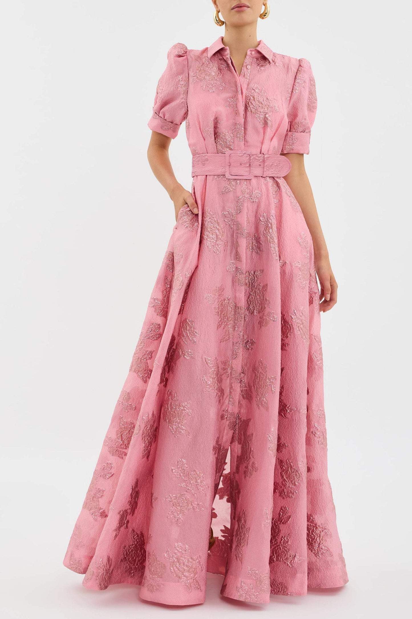 Front view of pink floral maxi dress with short sleeves and fitted belted waist