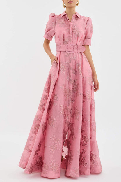 Front view of pink floral maxi dress with short sleeves and fitted belted waist