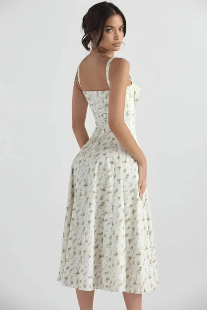 Back view of white floral midi dress with open back and wide shoulder straps