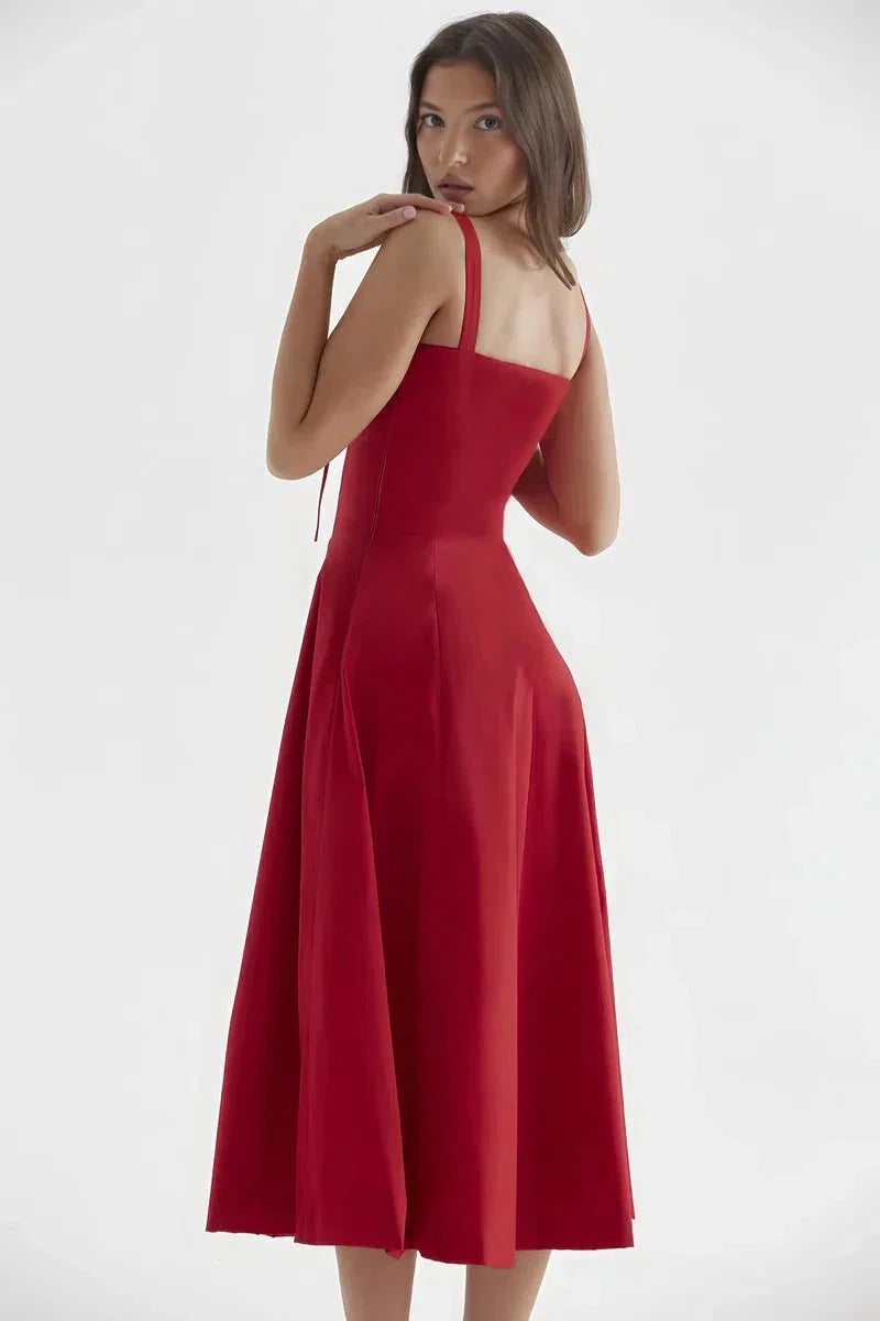 Back view of red midi dress with square back and shoulder straps