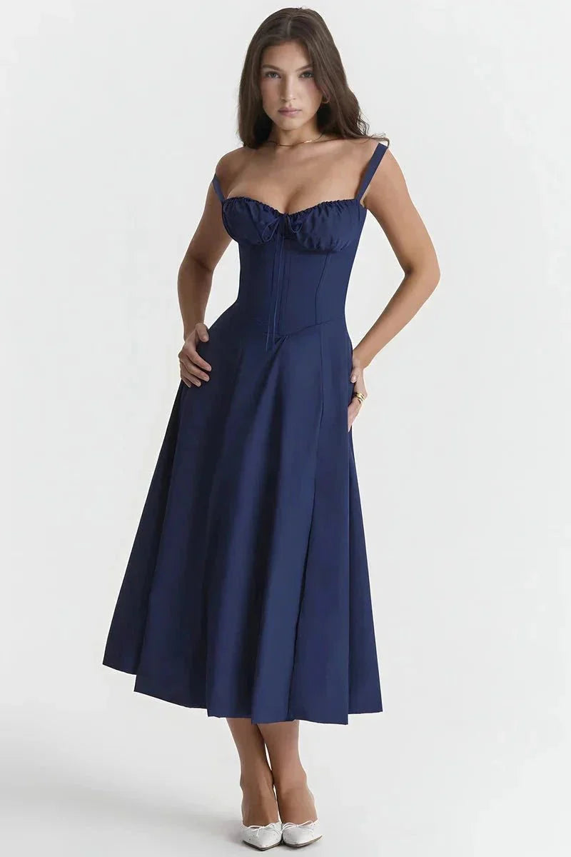 Navy blue midi dress with ruched bust, corset waist, and flared skirt