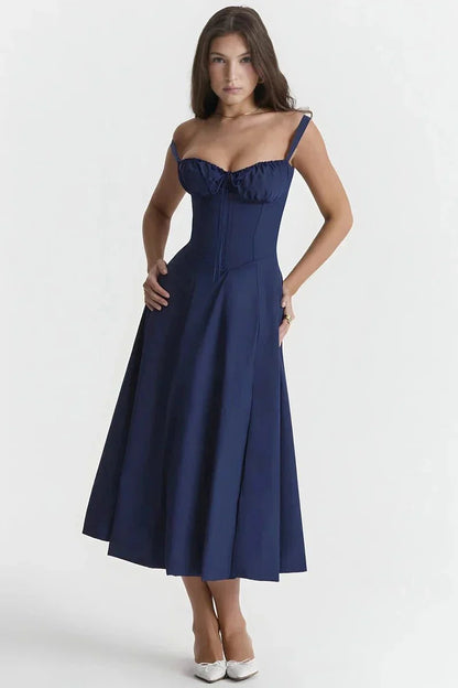 Navy blue midi dress with ruched bust, corset waist, and flared skirt