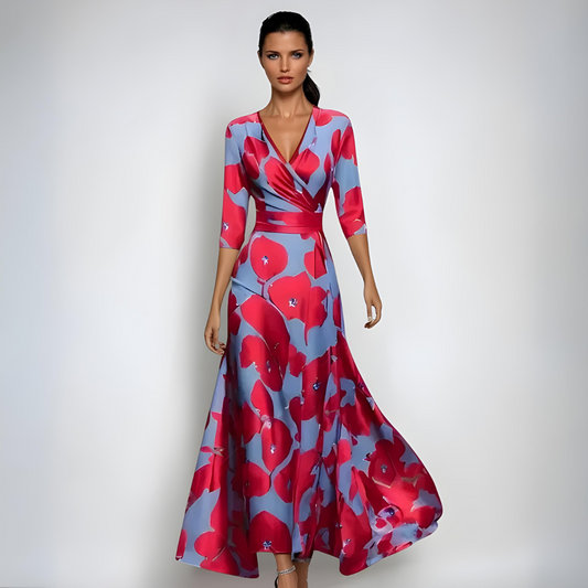 Floral V neck maxi dress with three quarter sleeves in pink and blue print