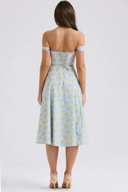 Back view of light blue off shoulder midi dress with yellow floral print and ruched bodice