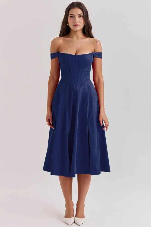 Navy blue off shoulder midi dress with fitted corset bodice and elegant flared skirt