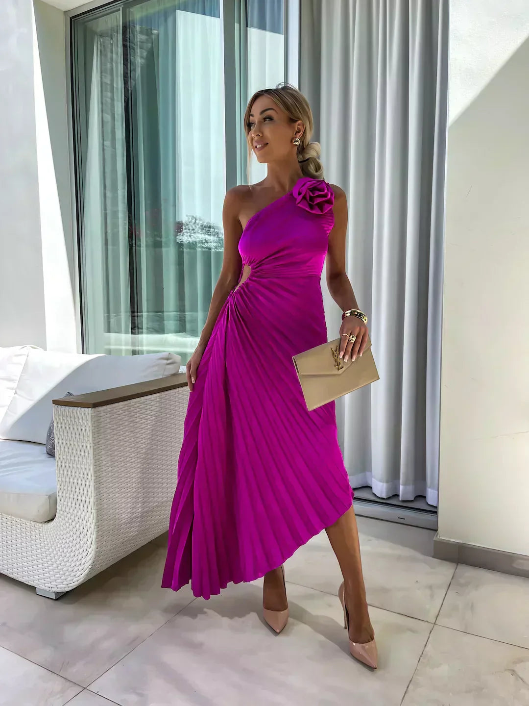 Magenta one shoulder pleated midi dress with flowing pleats and asymmetrical midi length