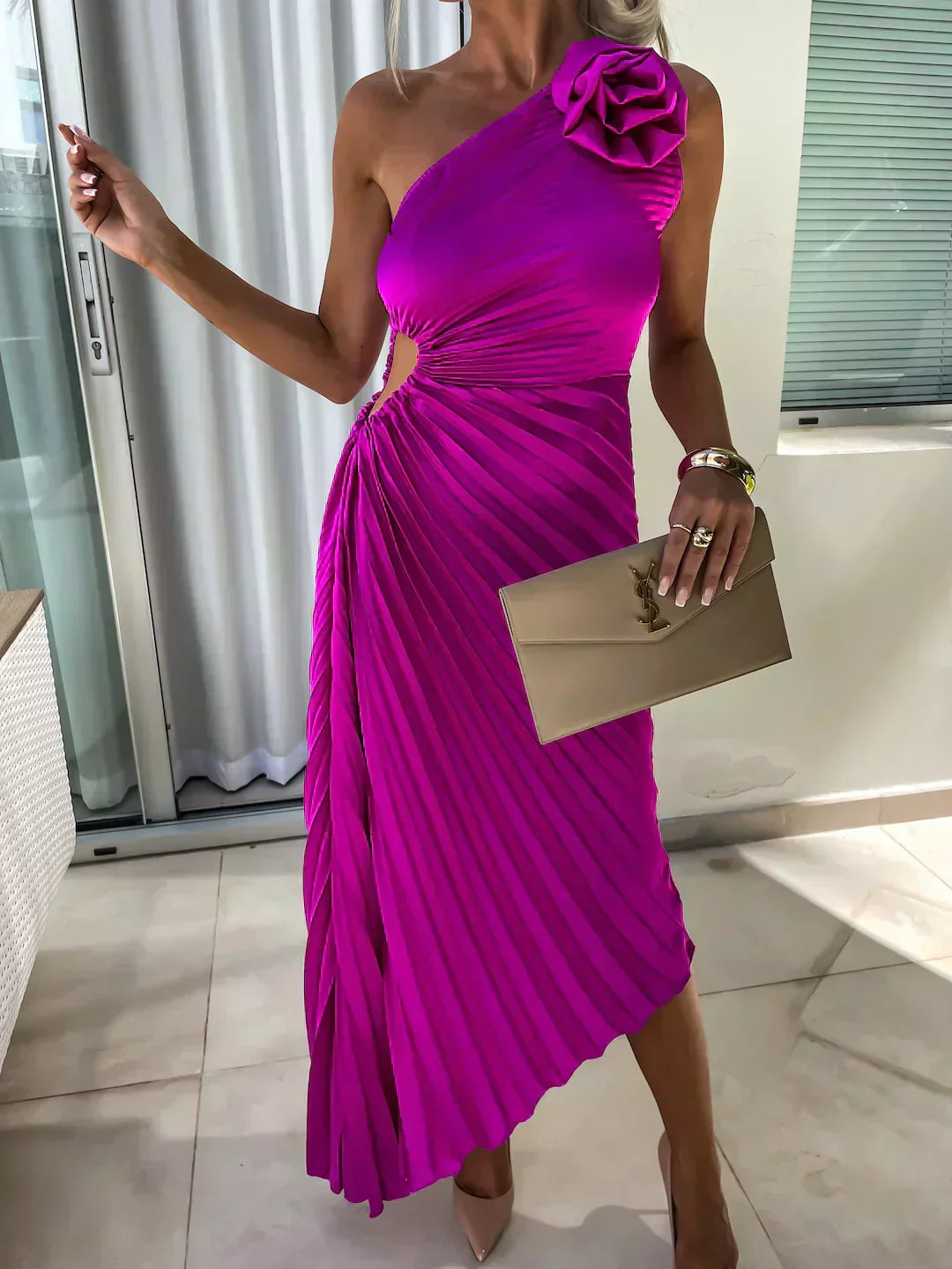 Magenta one shoulder pleated midi dress with floral shoulder detail and side cutout