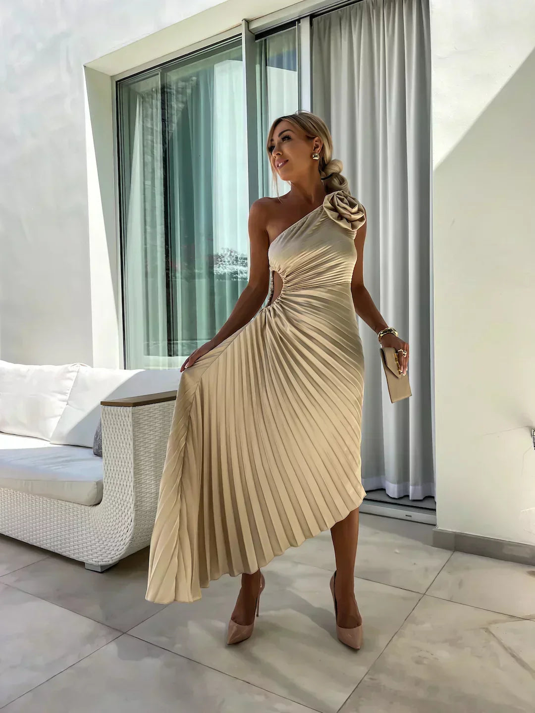 Beige one shoulder pleated midi dress with asymmetrical hem and side cutout