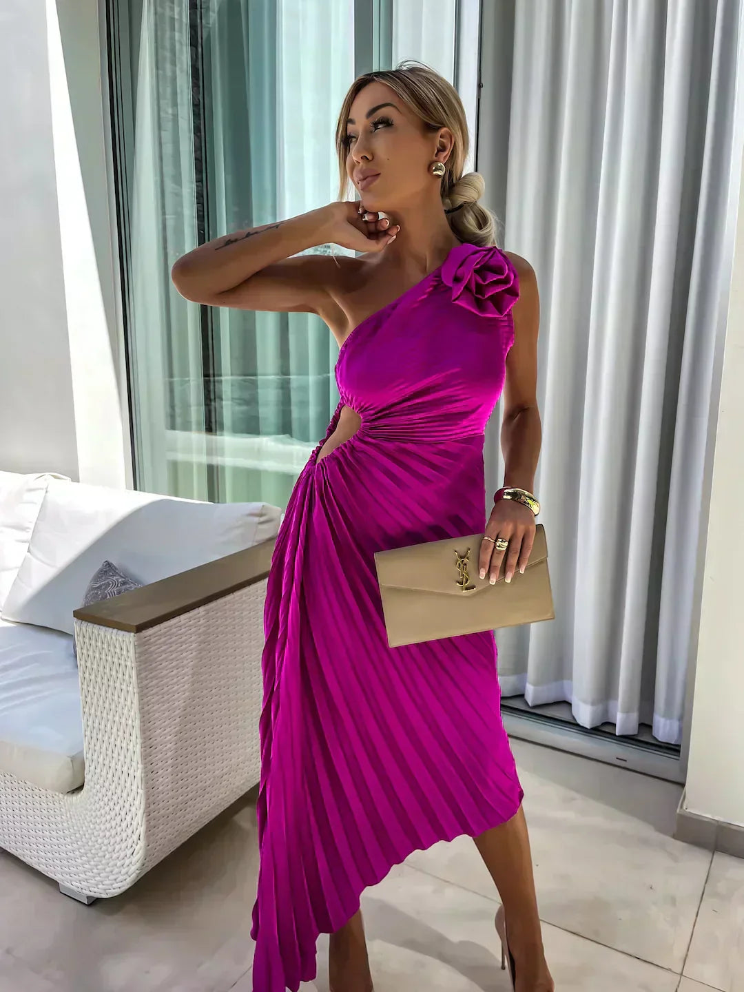 Magenta one shoulder pleated midi dress with side cutout and draped asymmetrical skirt