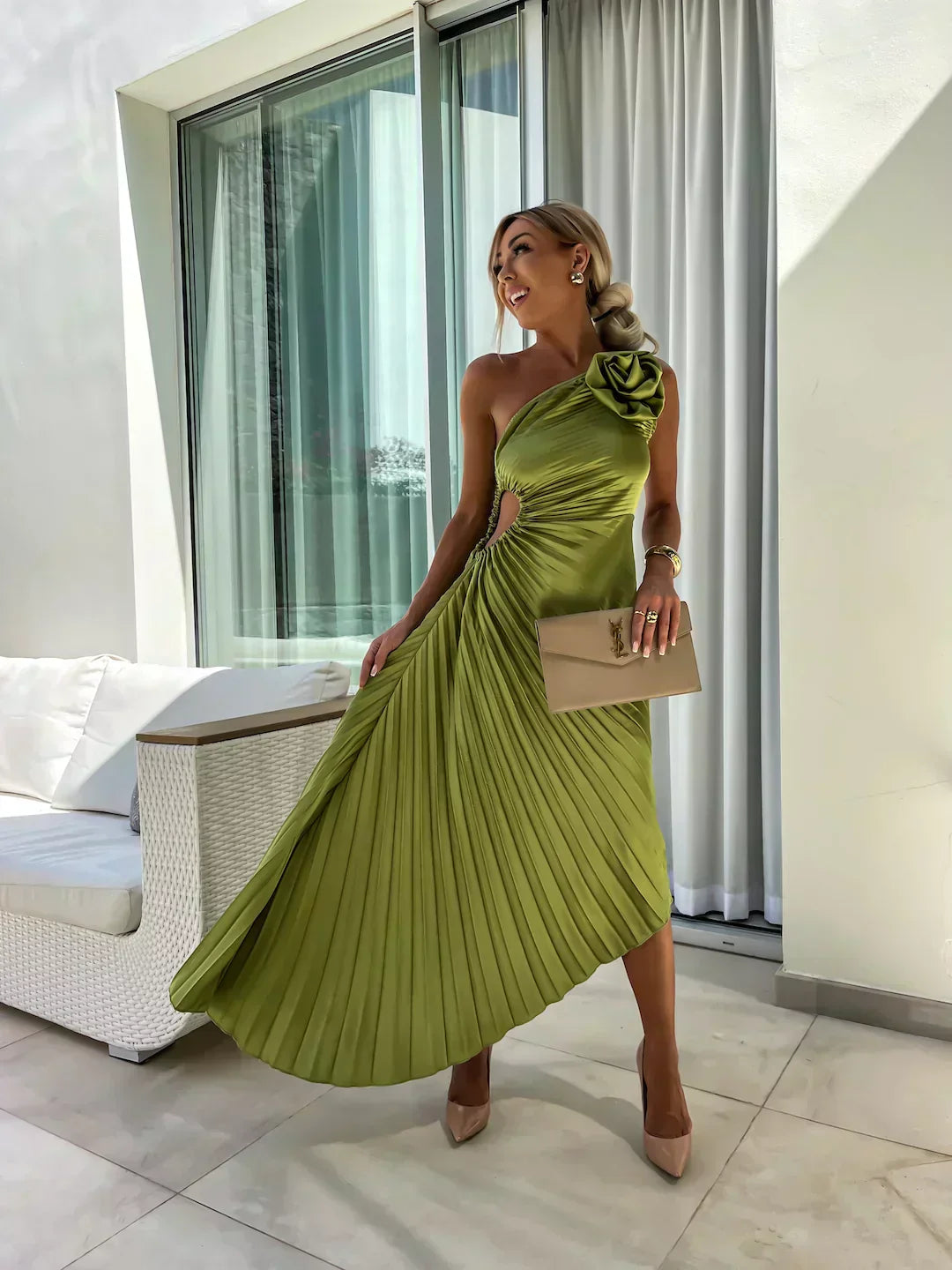 Olive green one shoulder pleated midi dress with dramatic pleats and side cutout