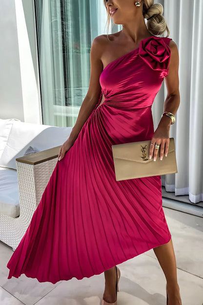 Magenta one shoulder pleated midi dress with rosette detail and asymmetrical hem