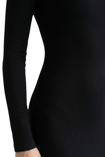 Close-up of black long sleeve maxi dress showing square neckline and smooth stretch fabric