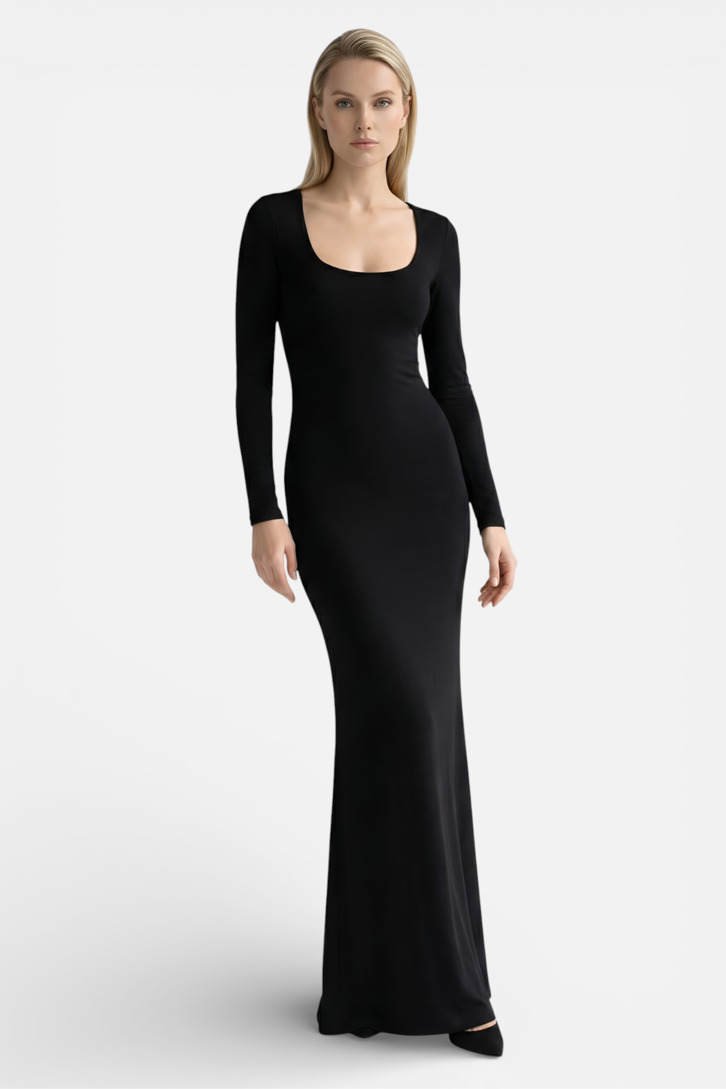Front view of black square neck maxi dress with long sleeves and bodycon fit