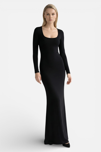 Front view of black square neck maxi dress with long sleeves and bodycon fit