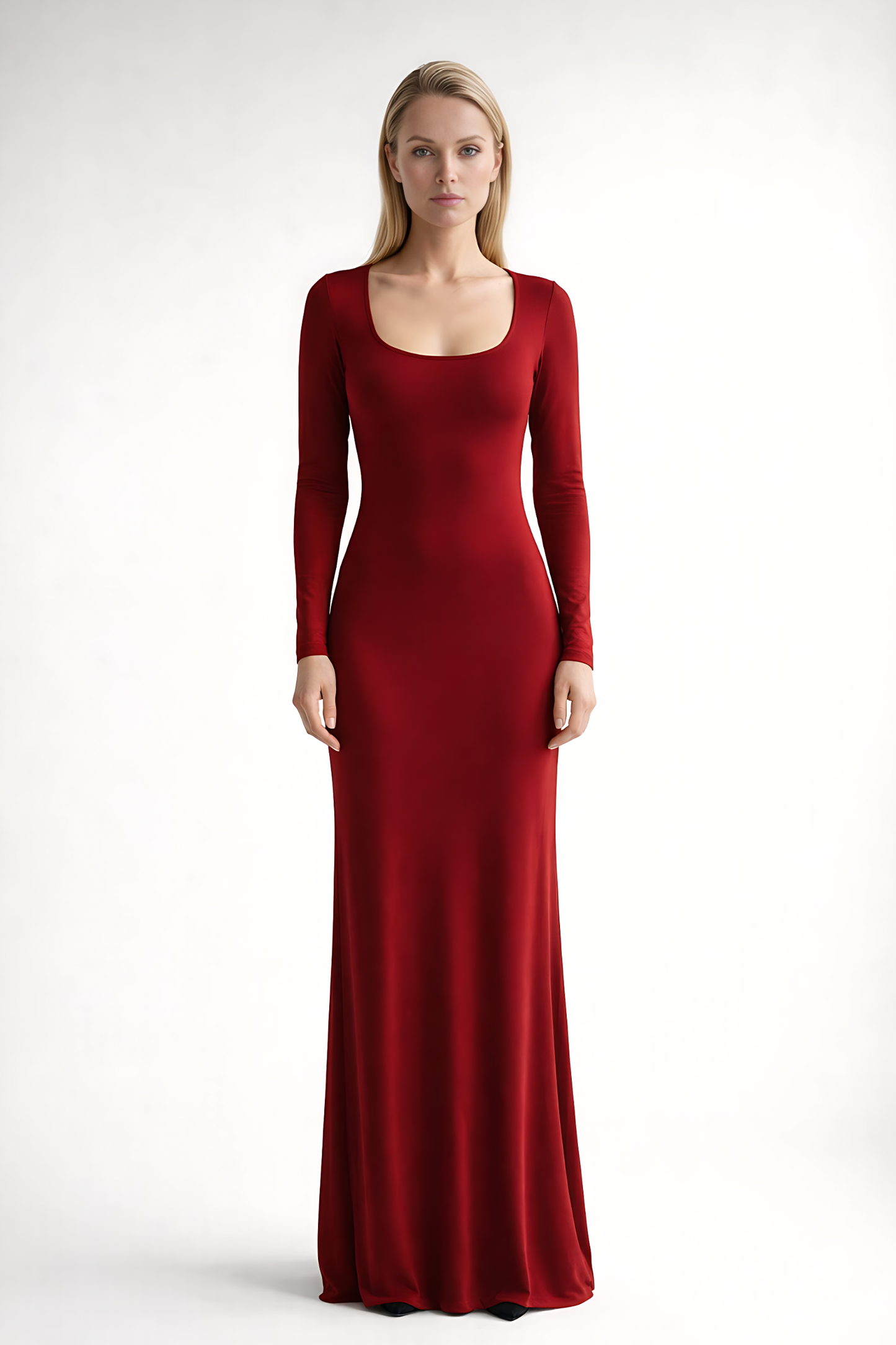 Close-up of red square neck long sleeve maxi dress showing neckline seam and fitted sleeve