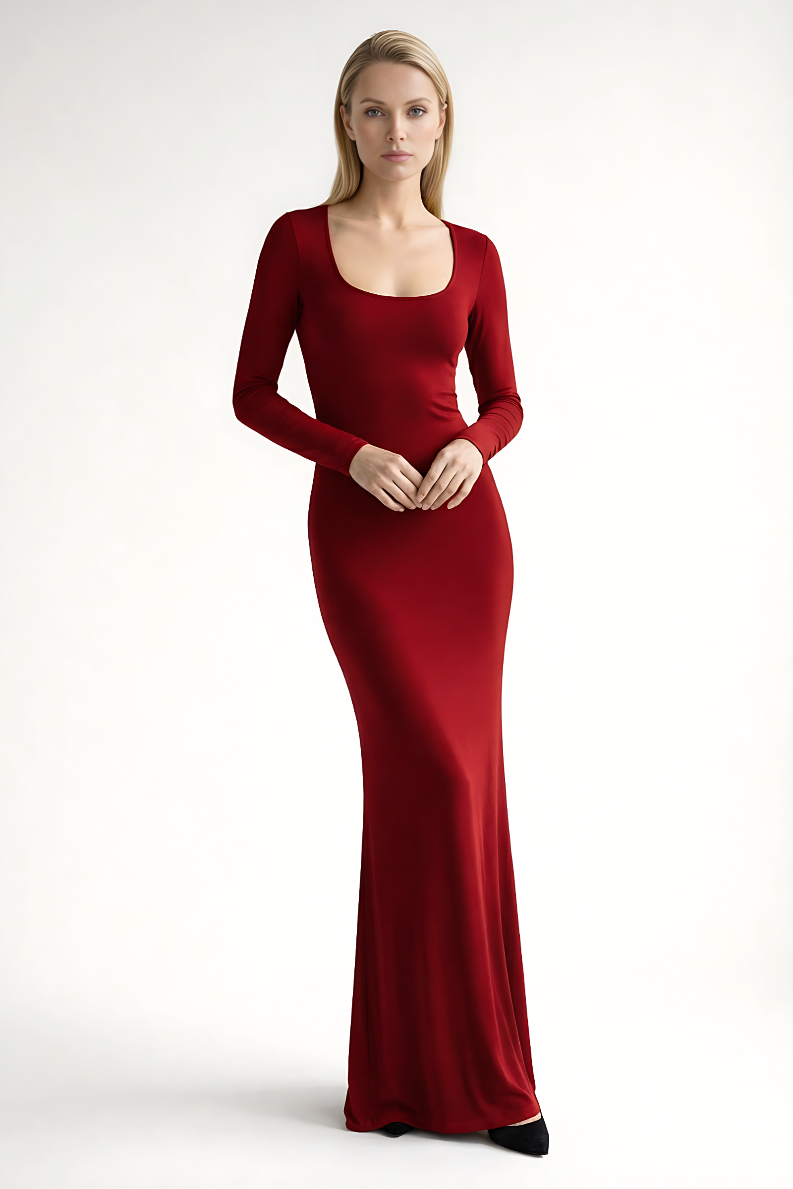Red long sleeve maxi dress with square neckline, bodycon fit, and flowing hem