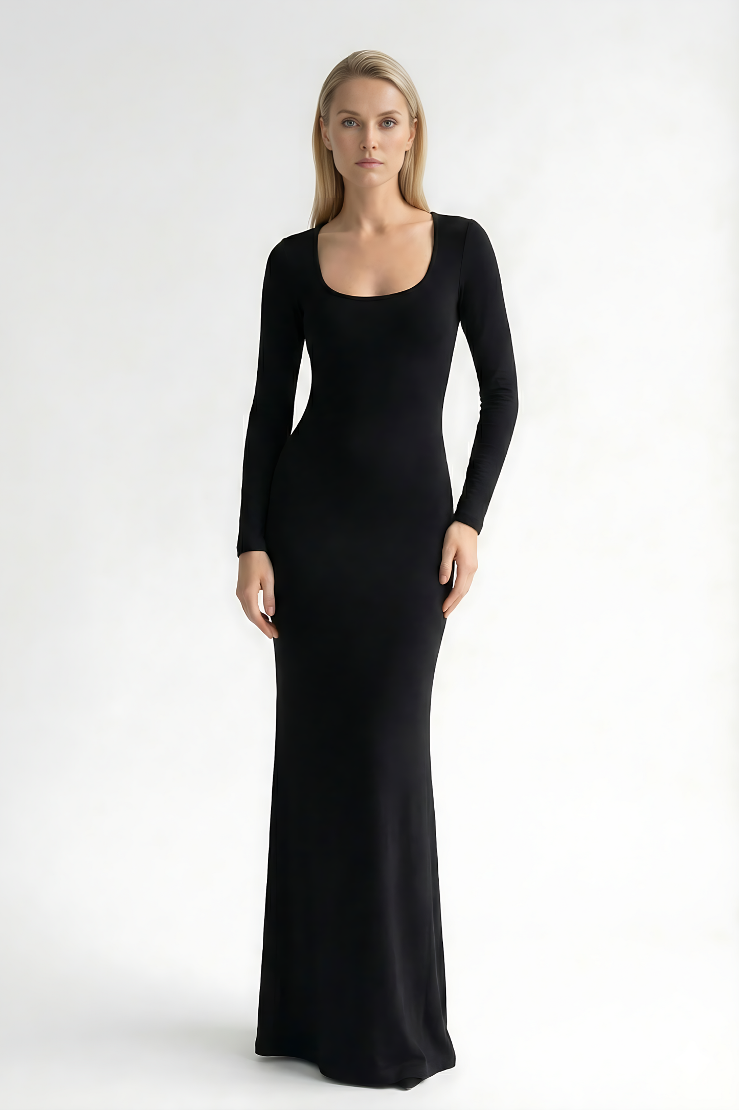 Black square neck long sleeve maxi dress with fitted silhouette and floor-length hem