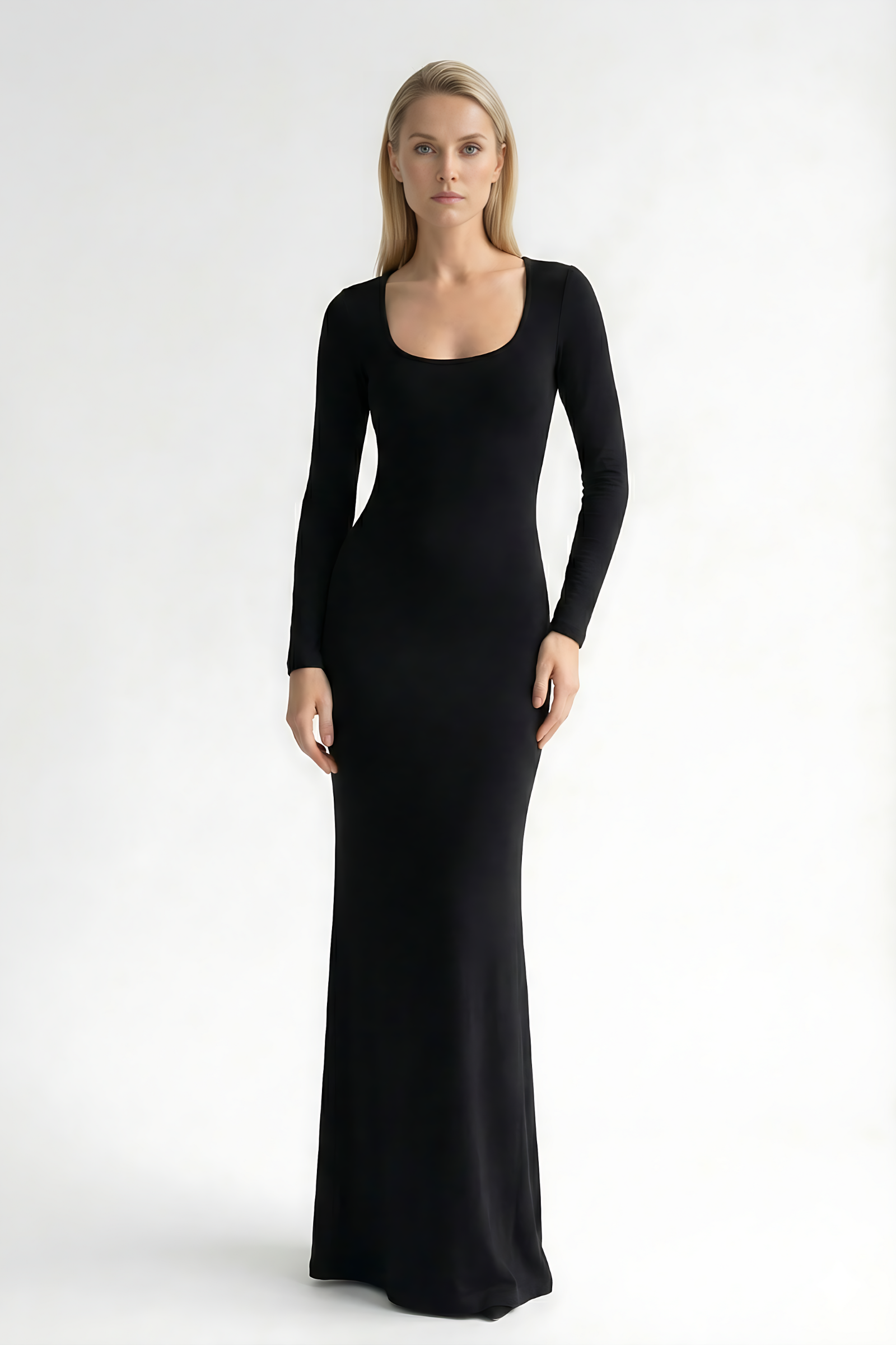 Black square neck long sleeve maxi dress with fitted silhouette and floor-length hem