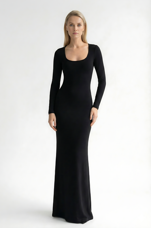 Black square neck long sleeve maxi dress with fitted silhouette and floor-length hem
