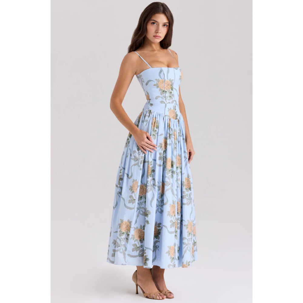 Light blue floral maxi dress with spaghetti straps and fitted bodice, front view