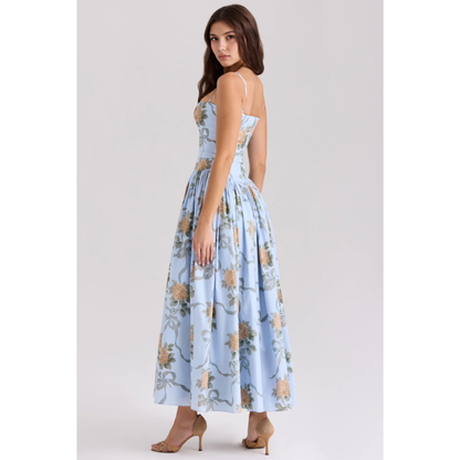 Back side view of light blue floral maxi dress with straps and full skirt
