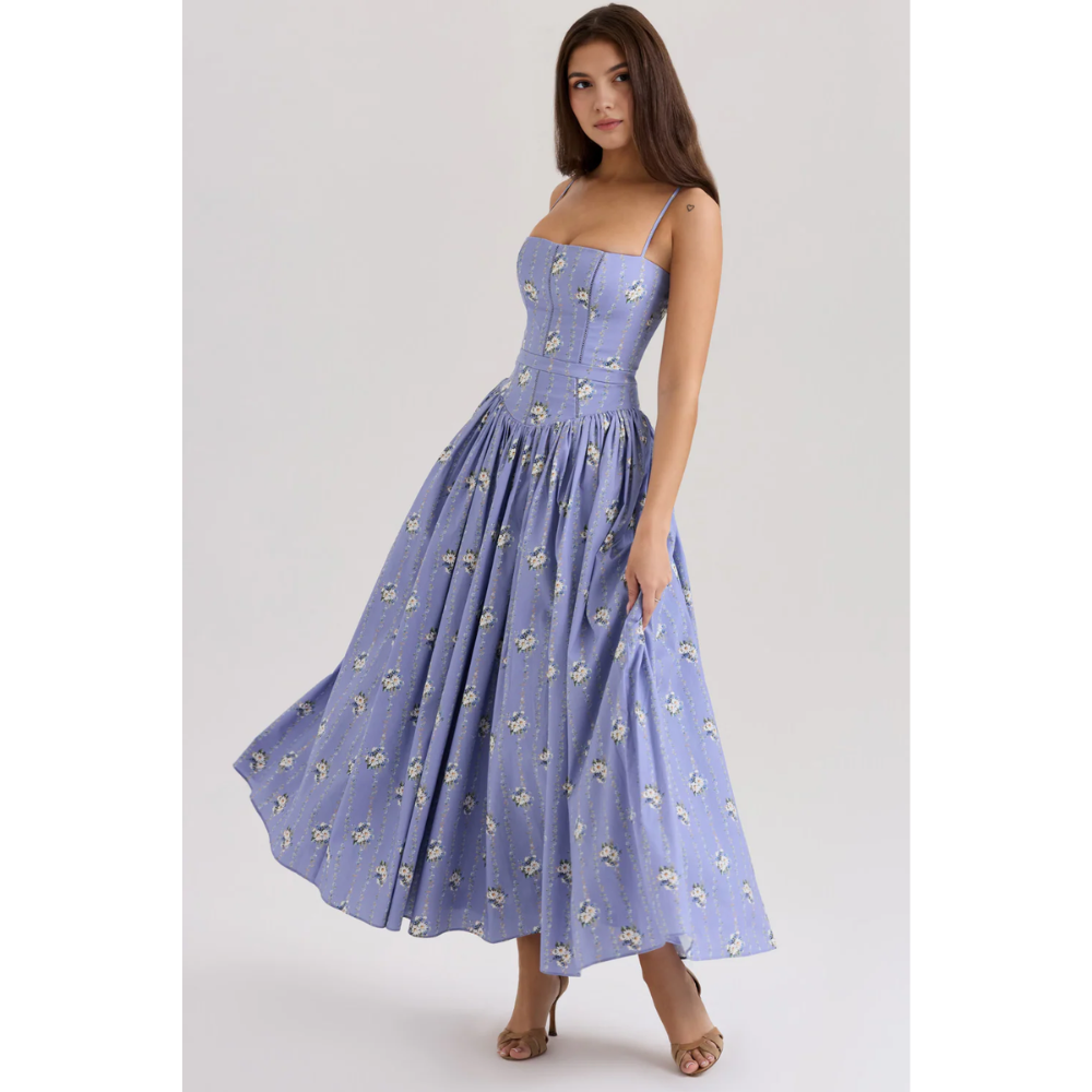 Lavender floral maxi dress with square neckline and gathered skirt, front angle