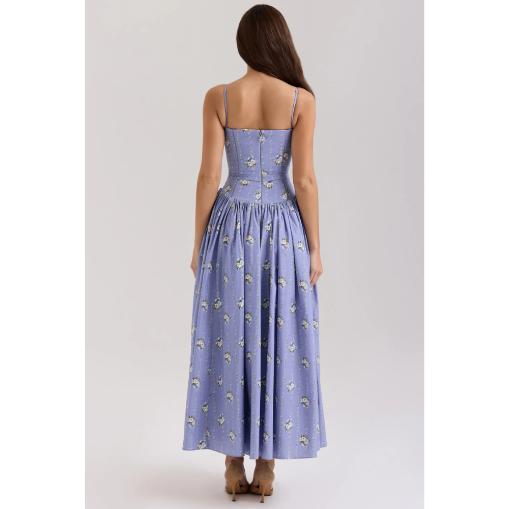 Back view of lavender floral maxi dress with open back and shoulder straps