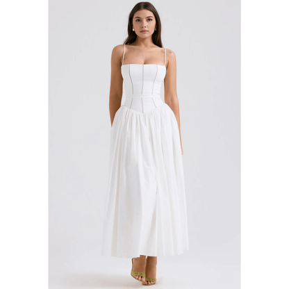 White strapless maxi dress with structured bodice and flowing skirt, front view