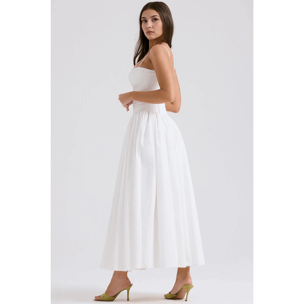 Back side view of white maxi dress with straps, open back, and flowing skirt