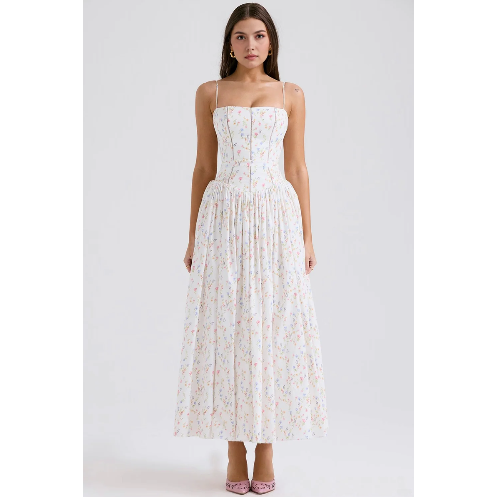 White floral bathing suit women style maxi dress with pastel print and fitted bodice