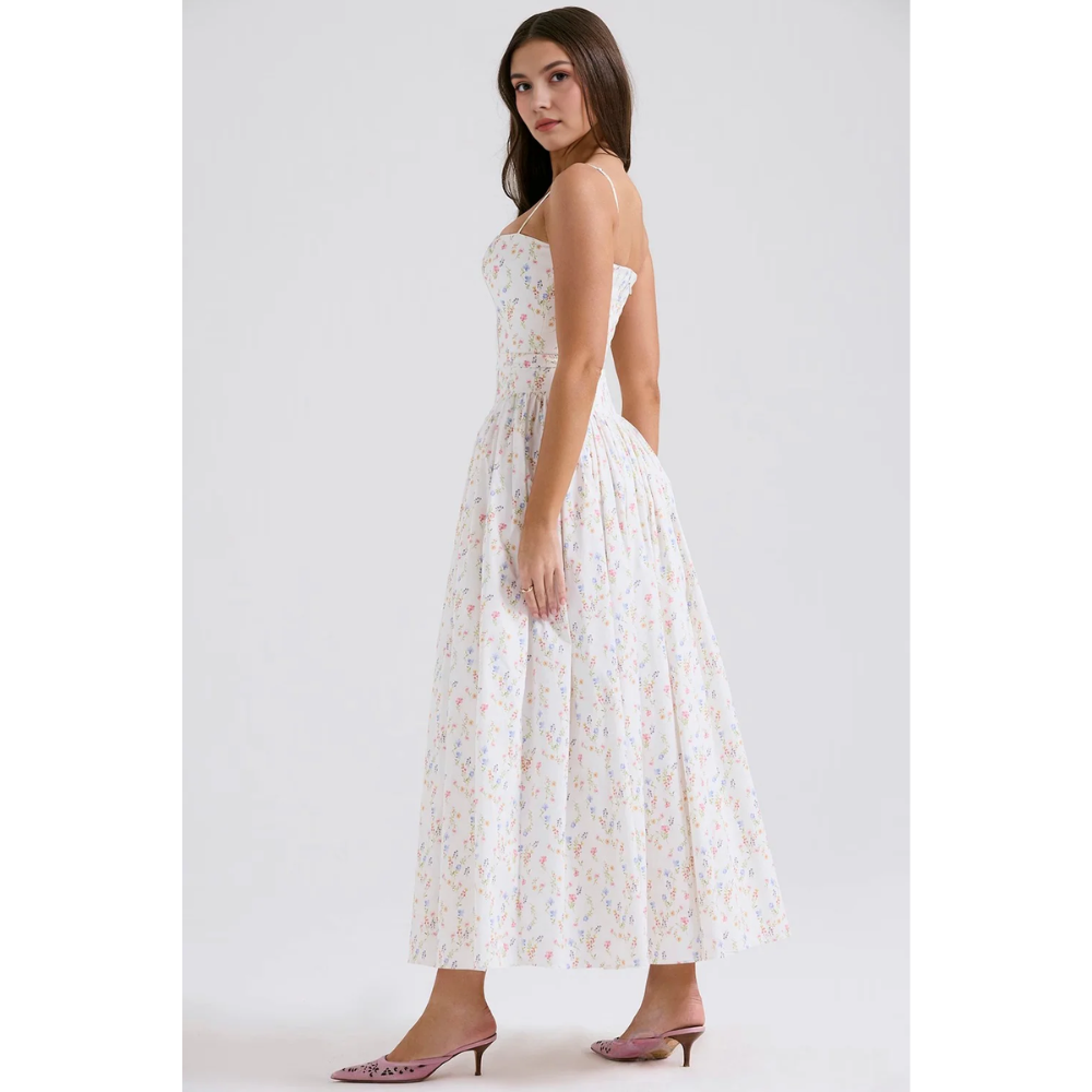 Back view of floral maxi dress with open back, straps, and full skirt