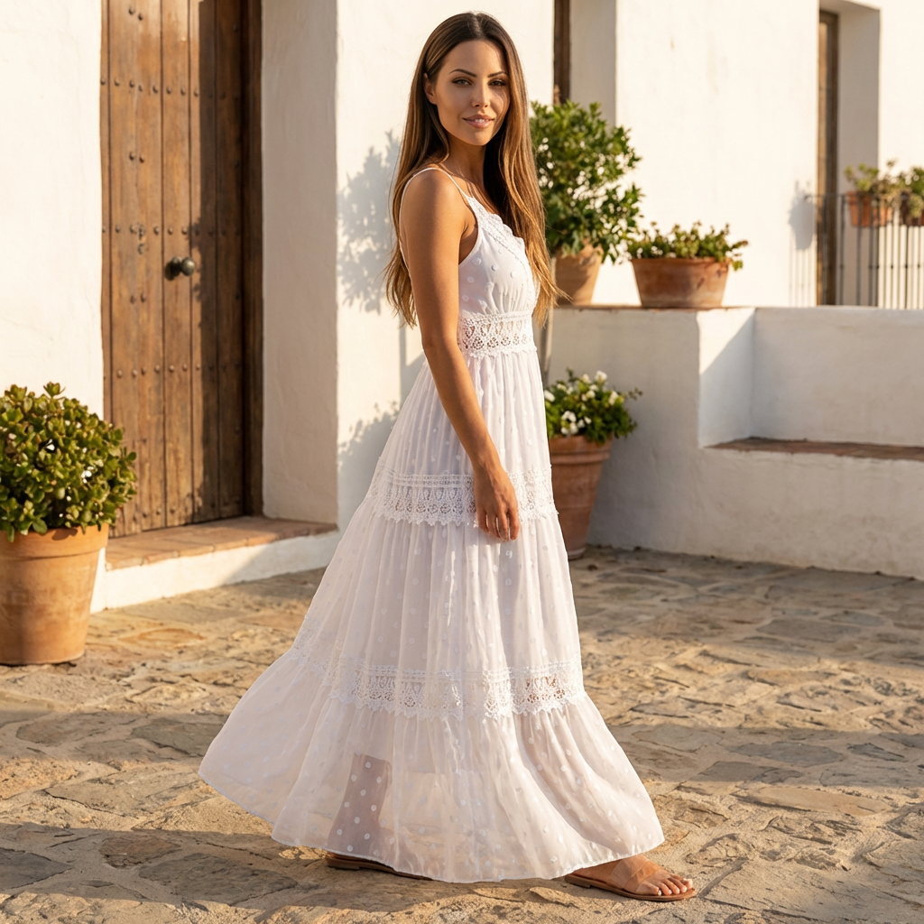 Side view of white maxi dress with lace panels and sheer floral fabric in a summer dress style
