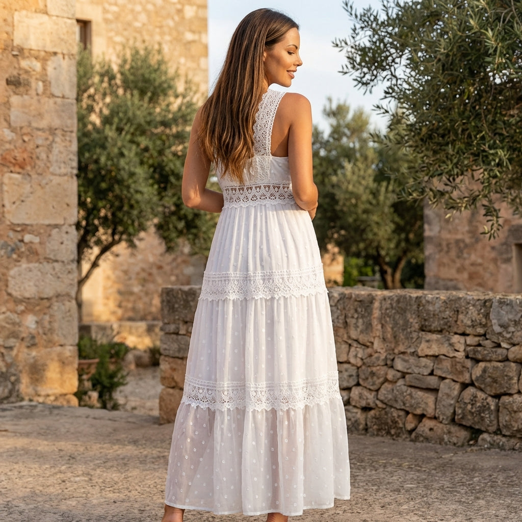 Back view of white floral maxi dress with lace straps and tiered sheer skirt