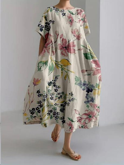 Cream floral midi dress with pink, green and yellow blossoms, airy short sleeve summer dress