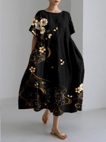 Black floral midi dress with gold blossom print, elegant loose fit summer dress