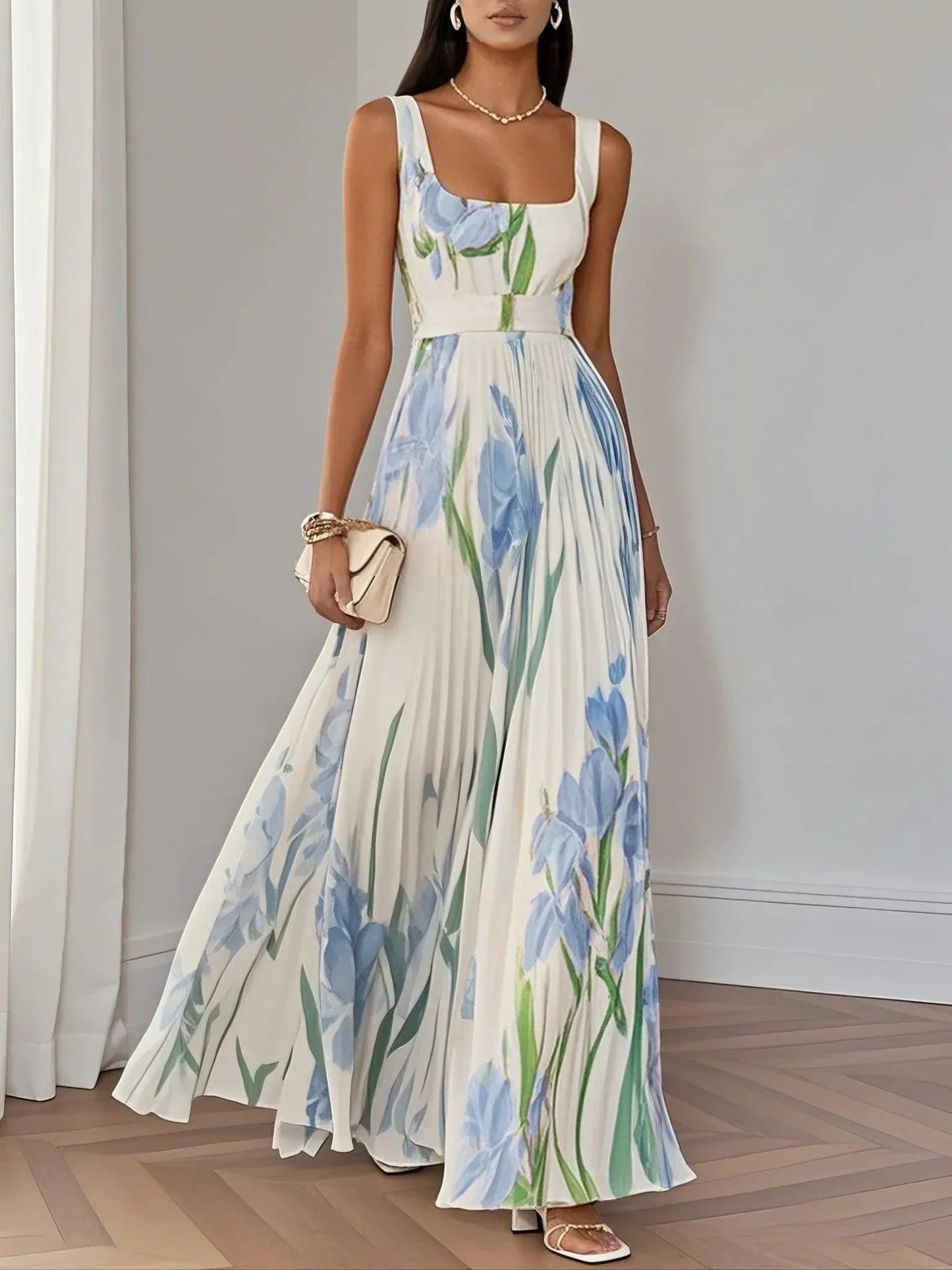 Women's summer floral sleeveless maxi dress in blue and green print with square neckline and pleats