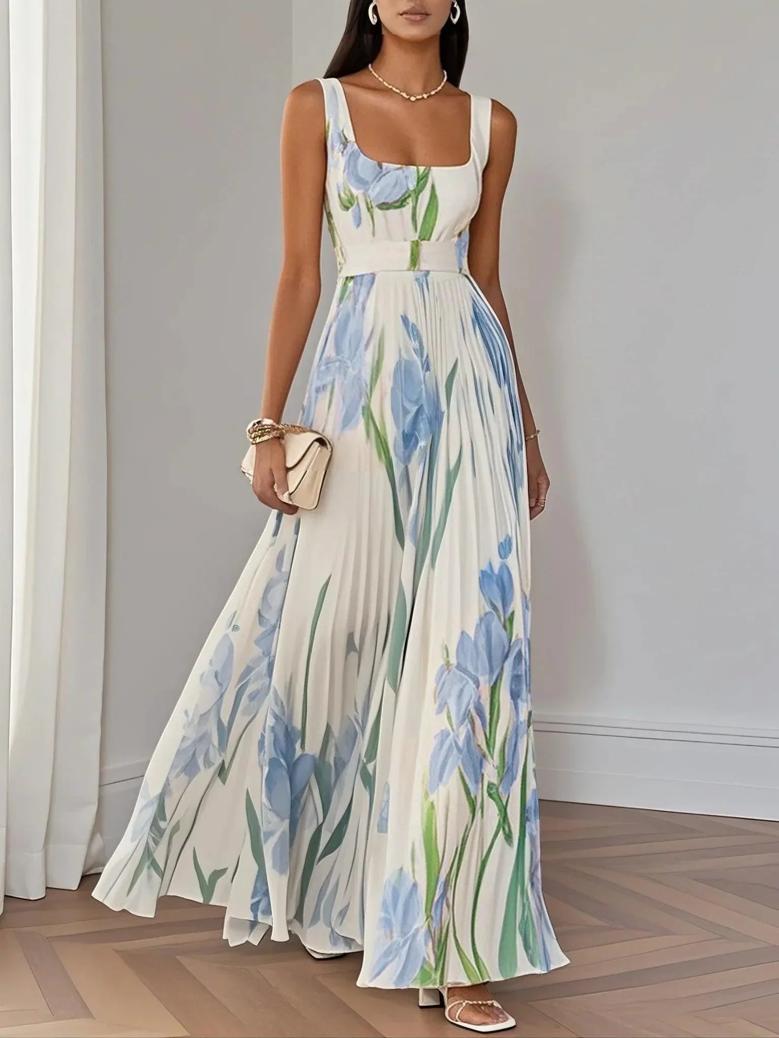 Women's summer floral sleeveless maxi dress in blue and green print with square neckline and pleats