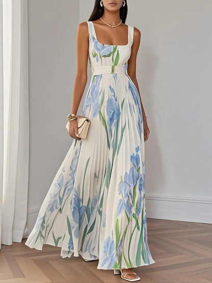 Women's summer floral sleeveless maxi dress in blue and green print with square neckline and pleats
