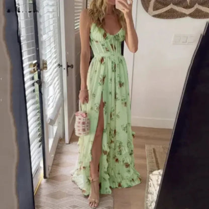 Green floral spaghetti strap maxi dress with corset bodice and slit