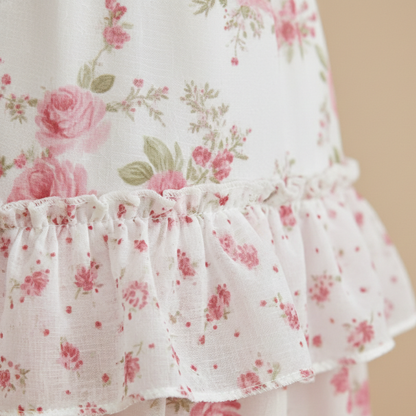Close-up of floral maxi dress fabric with square neck ruffle trim and tiered waist