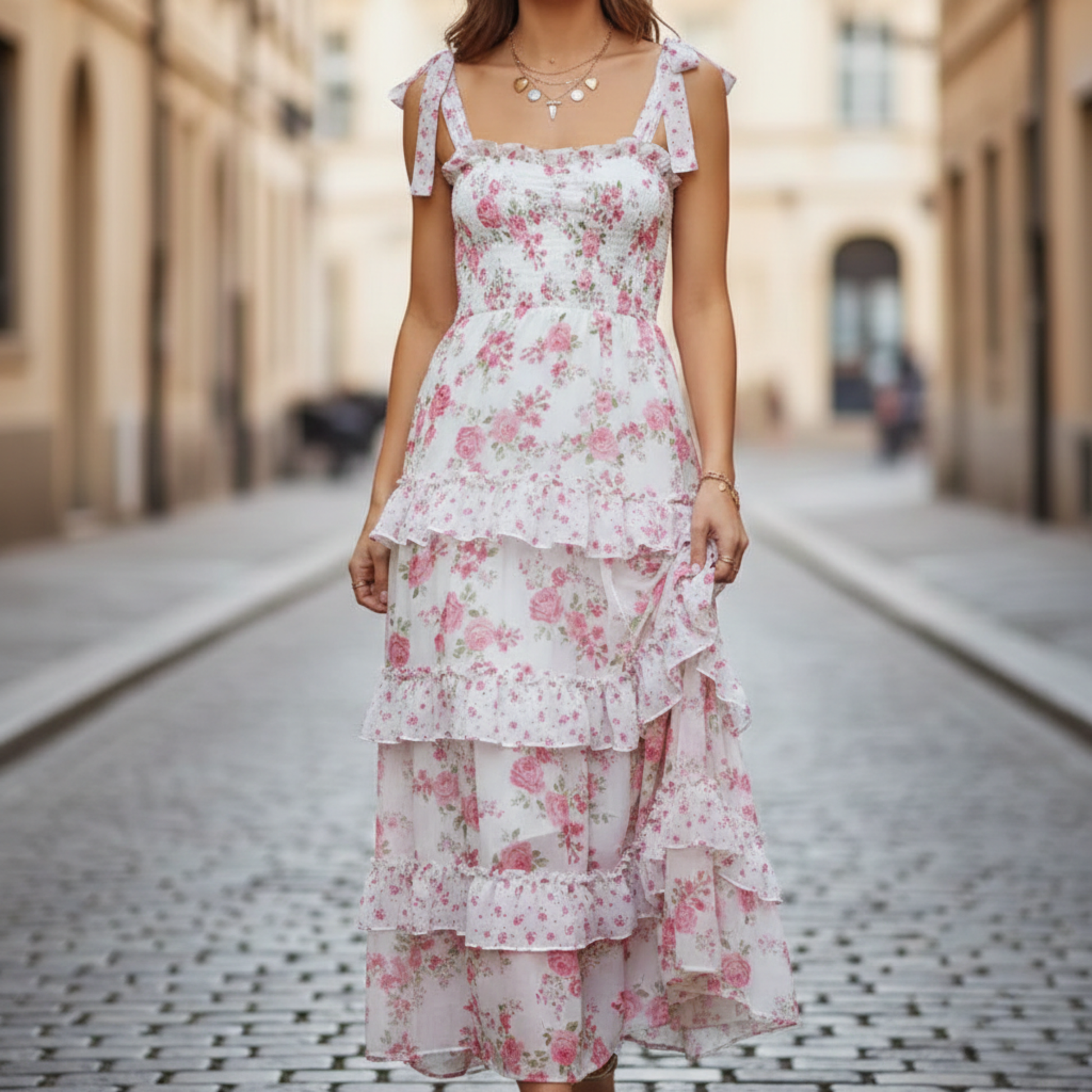 Women's floral square neck maxi dress with tie straps and tiered ruffle skirt