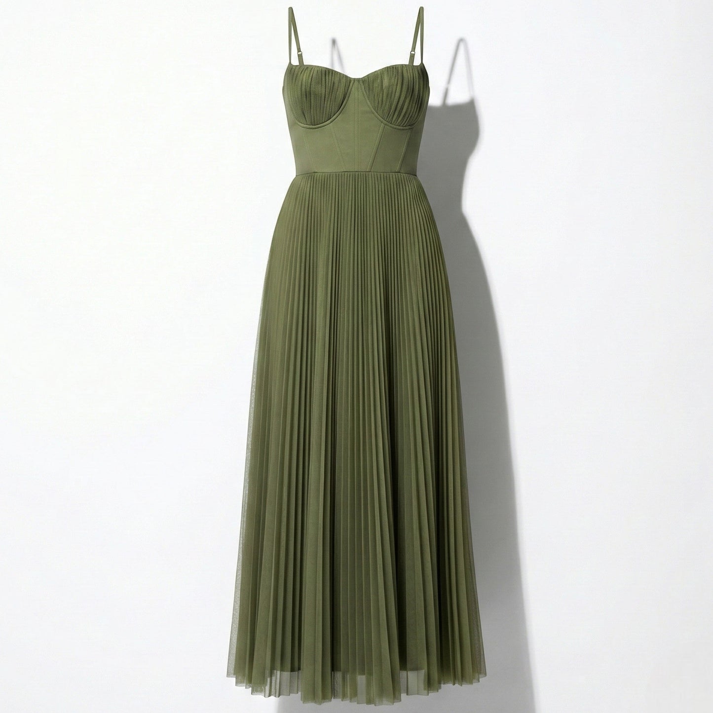 Olive green sleeveless midi dress shown full length with fitted bodice and flowing pleats